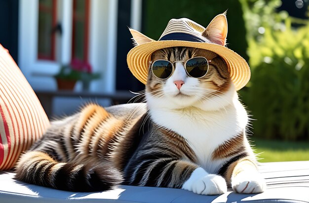 Gatto con gli occhiali da sole e il cappello da sole che si rilassa su un lettino accanto a una casa di campagna