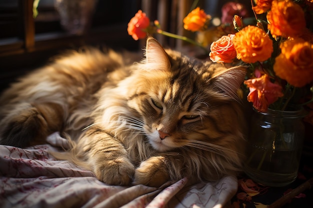 Gatto con gli occhiali da sole sulla sabbia vicino alla bevanda arancione