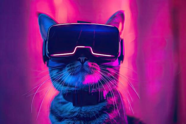 Gatto con gli occhiali di realtà virtuale Gatto che usa un auricolare di realtà Virtuale Vr Tecnologia futuristica