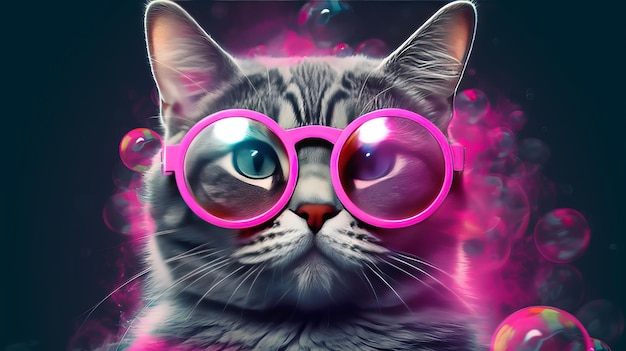 Gatto con gli occhiali e bolla con bolle rosa Generativo ai
