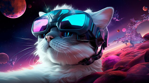 Gatto con gli occhiali VR nello spazio