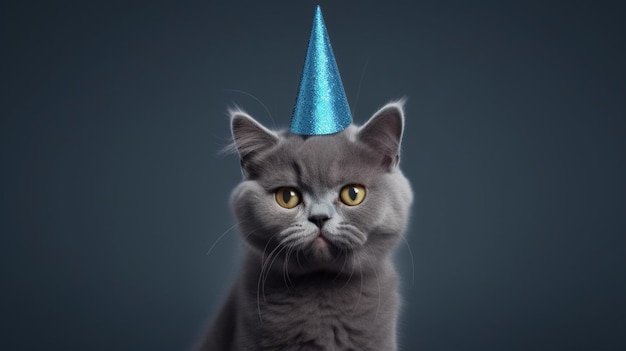 Gatto con il compleanno del gattino del cappello di compleanno isolato su priorità bassa blu