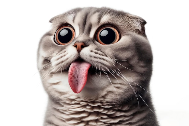 gatto con la lingua appesa e grandi occhi gonfi con strane espressioni facciali su sfondo bianco ai generativo