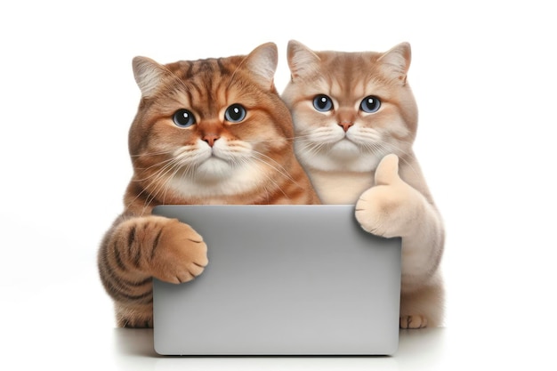 gatto con laptop che mostra i pollici su sfondo bianco