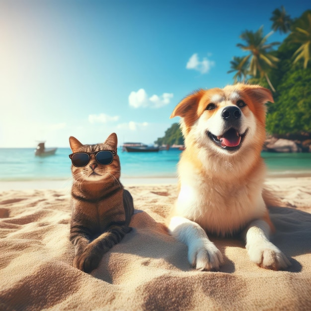 Gatto con occhiali da sole e un cane sorridente seduti su una spiaggia soleggiata con cieli blu palme e oceano