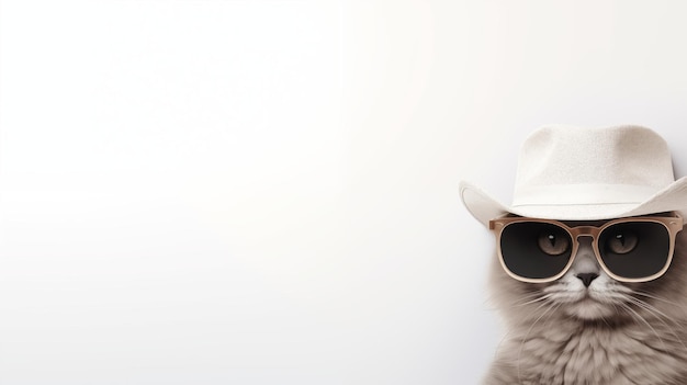 Gatto con occhiali da sole e un cappello su uno sfondo bianco chiaro copia spazio pubblicità negozio di animali domestici