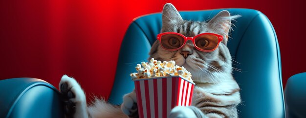 gatto con popcorn e occhiali da sole al cinema generato da AI