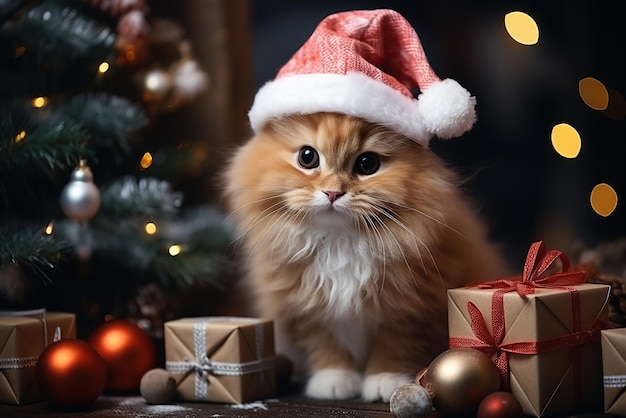 gatto con un cappello da Babbo Natale sotto l'albero di Natale con regali per la celebrazione del nuovo anno