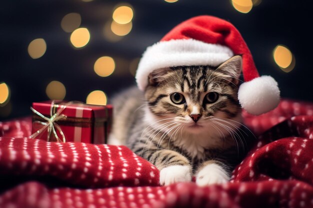 Gatto con un cappello di Babbo Natale e regali di Natale