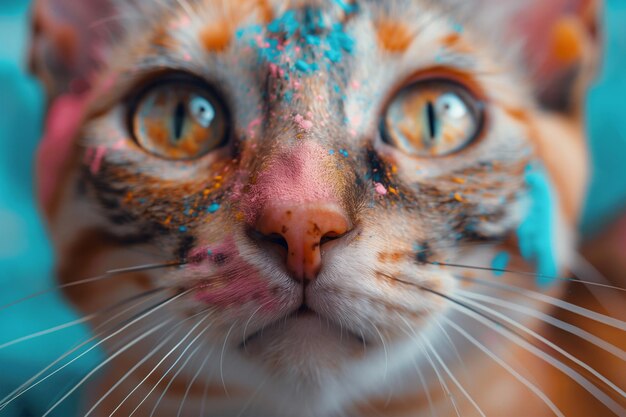 Gatto con vernice blu e arancione sulla faccia che celebra la Festa dei Colori di Holi