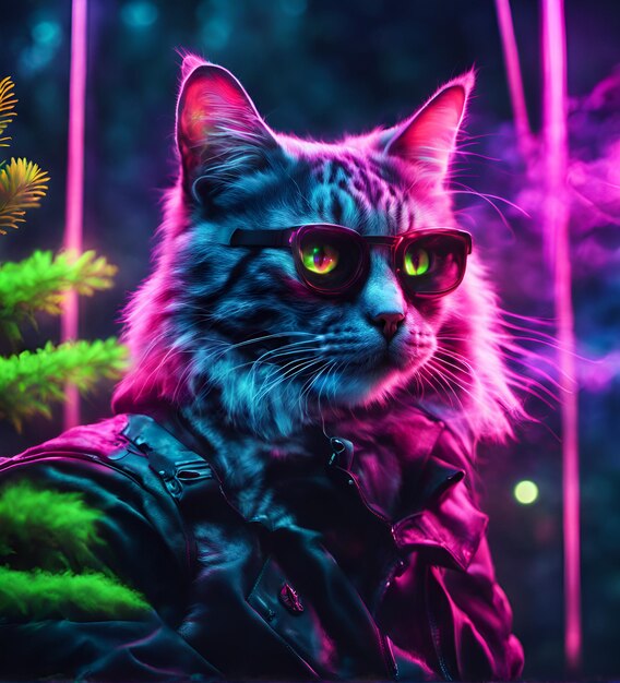 Gatto cyberpunk in illuminazione al neon illustrazione fotorealista futuristica