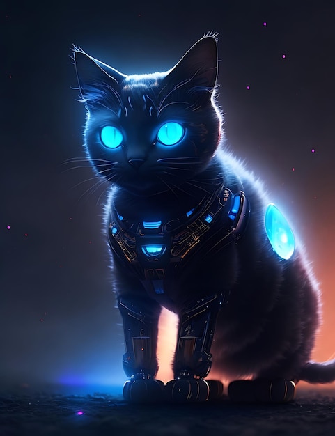 Gatto cyborg con gli occhi blu Concept Scifi 3D Rendering