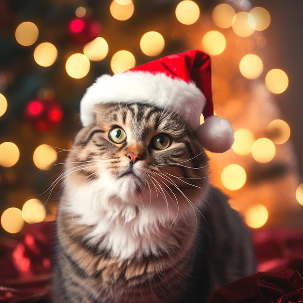 Gatto da cartolina con un cappello di Babbo Natale su uno sfondo bokeh