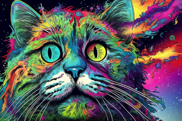 Gatto dai colori vivaci con occhi luminosi e uno sfondo colorato che genera un'intelligenza artificiale