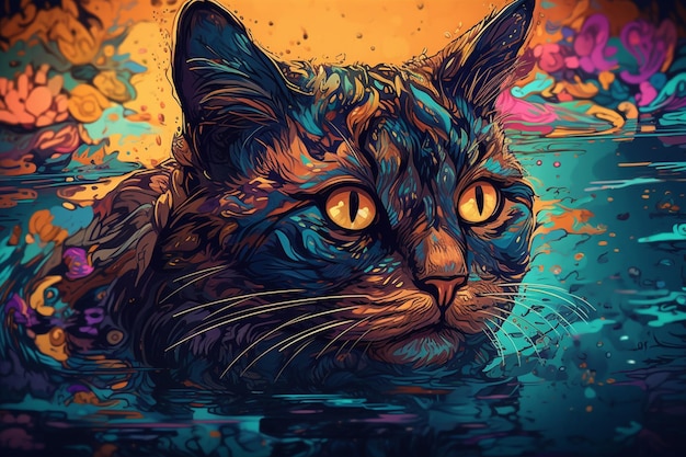 Gatto dai colori vivaci seduto in acqua con sfondo colorato ai generativa