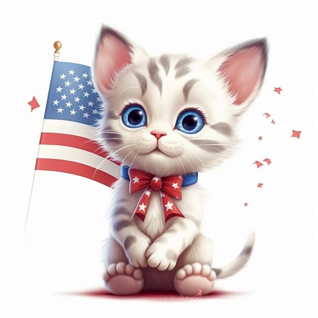 Gatto dei cartoni animati con bandiera americana su sfondo bianco