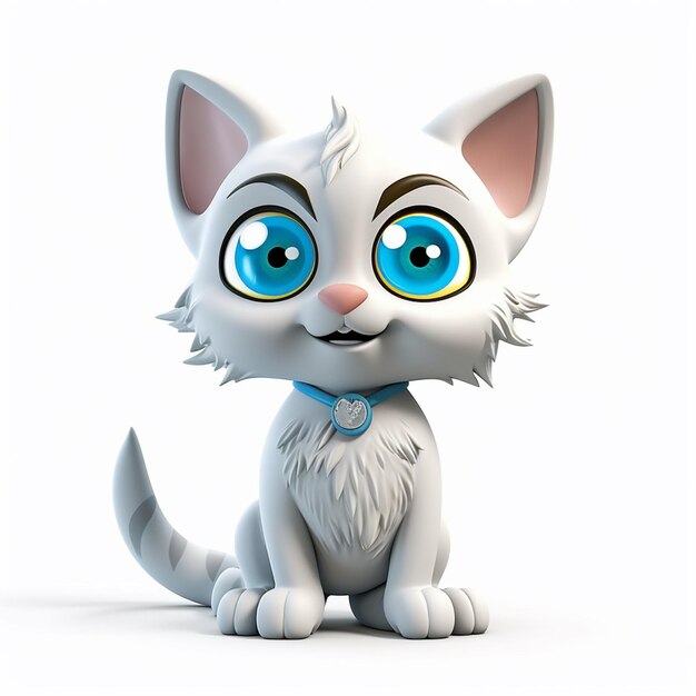 Gatto dei cartoni animati con gli occhi blu seduto su una superficie bianca