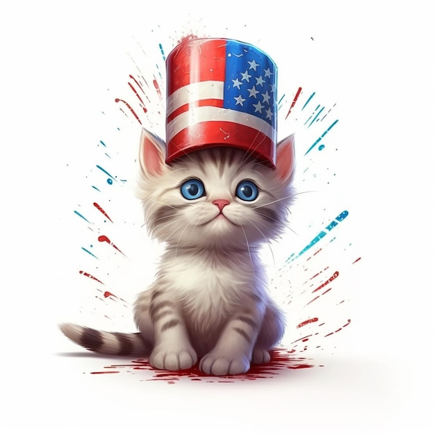 Gatto dei cartoni animati con un cappello patriottico sulla testa generativo ai
