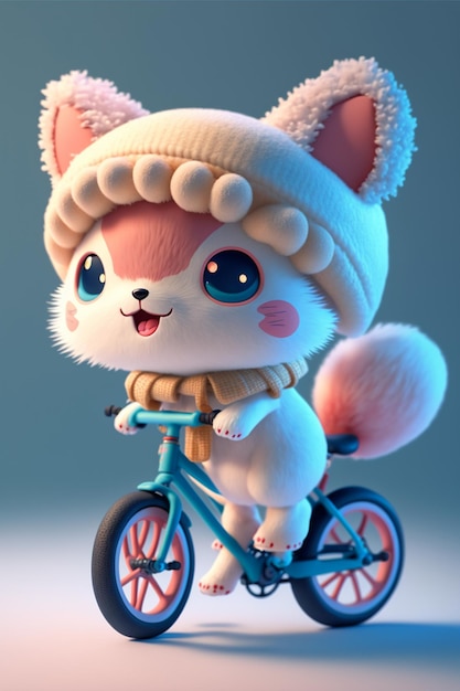 Gatto dei cartoni animati in sella a una bicicletta con un cappello su ai generativo