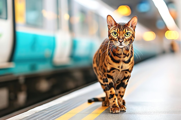 Gatto del Bengala che cammina lungo la piattaforma della stazione ferroviaria