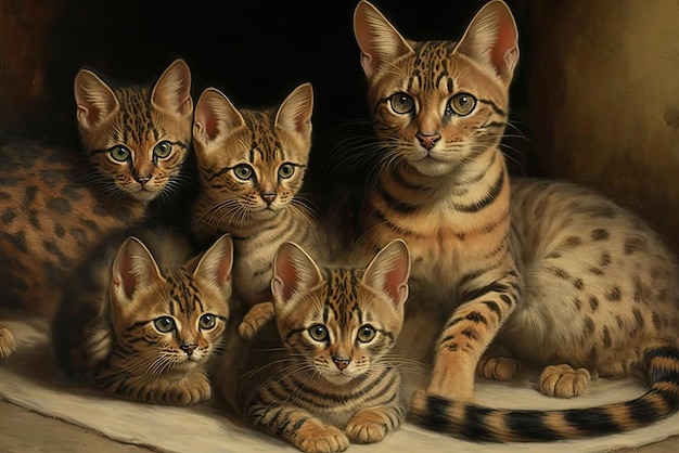 Gatto del Bengala con quattro gattini sdraiati sul pavimento IA generativa