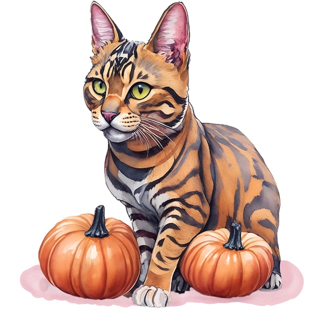 gatto del Bengala di halloween dell'acquerello con la zucca