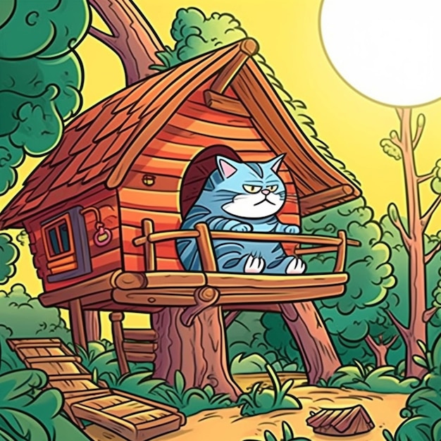 Gatto del fumetto che si siede in una casa sull'albero nei boschi generativa ai
