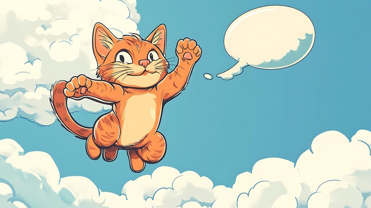 Foto gatto di cartone animato che vola nel cielo con una bolla di discorso