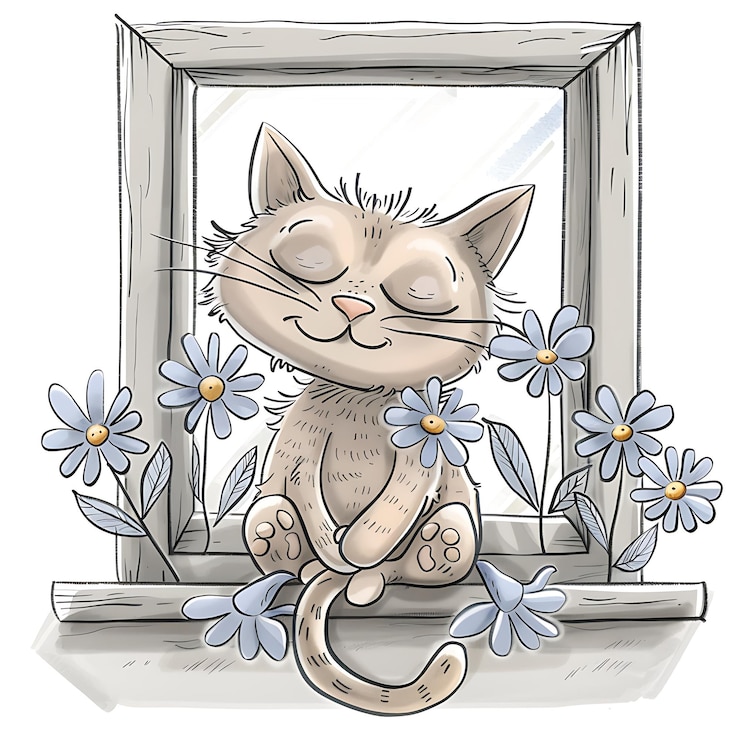 Foto gatto di cartone animato seduto in un davanzale della finestra con fiori e una farfalla