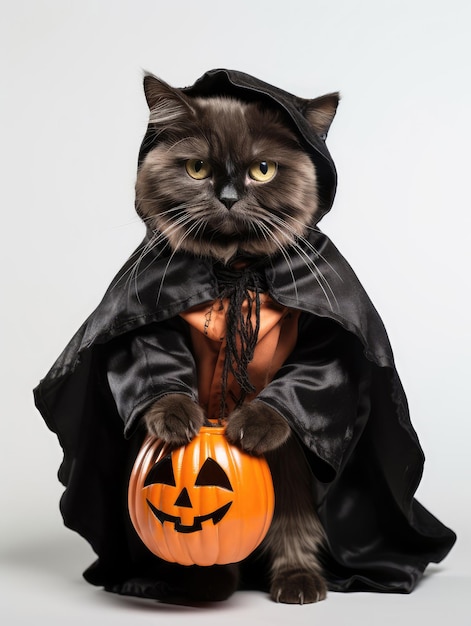 Gatto di Halloween in mantello nero con zucca Jackolantern