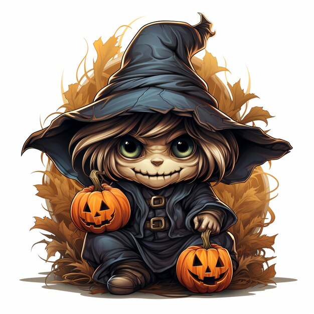gatto di halloween vestito da strega con zucche generativa ai