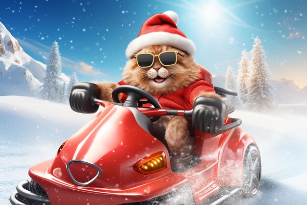 Gatto di Natale in auto sportiva sulla neve