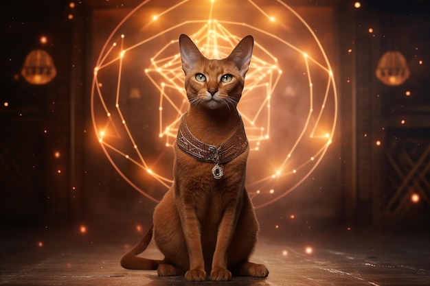 Gatto di razza abissina seduto su uno sfondo arancione con simboli magici bokeh