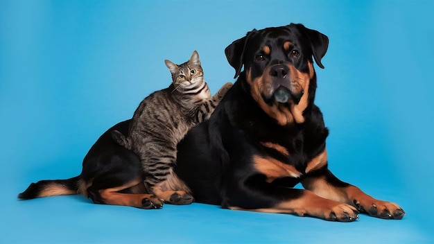 Gatto di razza mista a righe e rottweiler su uno sfondo blu che guardano la telecamera