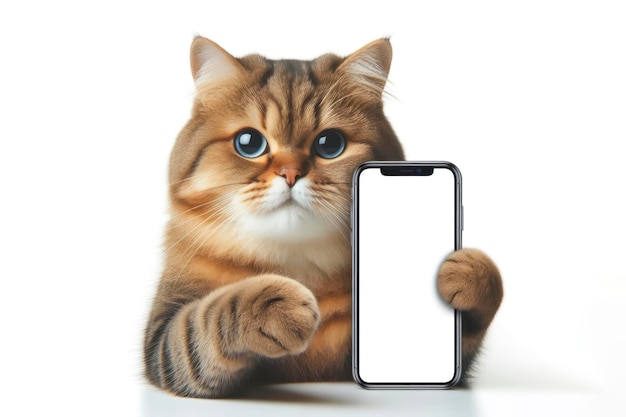 gatto divertente che indica uno smartphone con schermo bianco su sfondo bianco