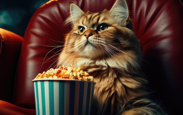 Gatto divertente che indossa occhiali 3D che guarda il popcorn del film