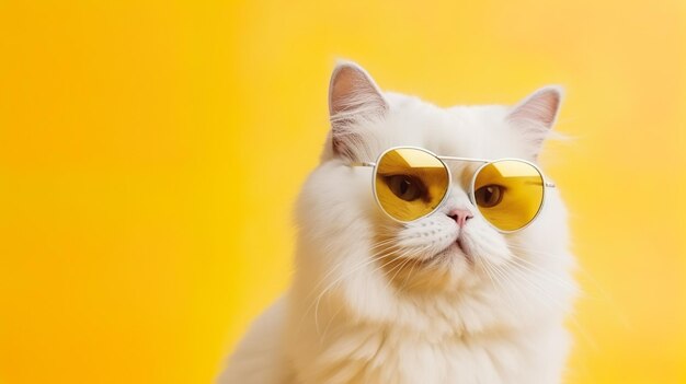 Gatto divertente che indossa occhiali da sole su uno sfondo di colore pastello giallo AI generativa