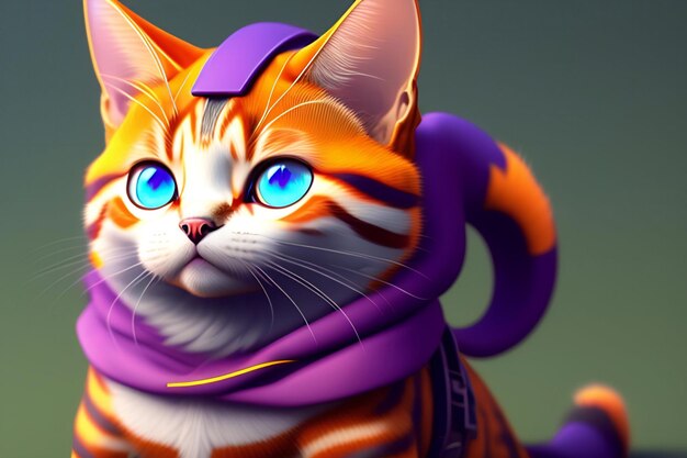 Gatto divertente con gli occhi azzurri in una sciarpa viola rendering 3d