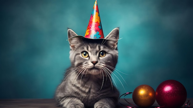 Gatto divertente con il cappello della festa di compleanno sullo sfondo