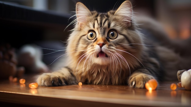 gatto divertente con un fiocco rosso e una palla