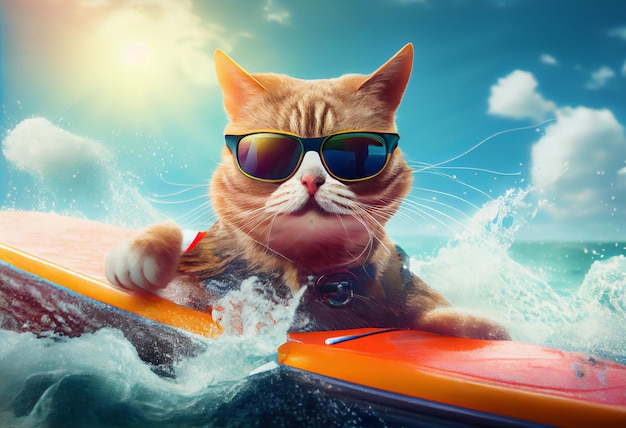 Gatto divertente in occhiali da sole cavalca una tavola da surf sulle onde dell'oceano Concetto di vacanza estiva Genera ai