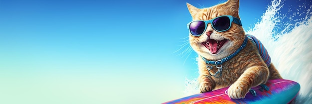 Gatto divertente in occhiali da sole cavalca una tavola da surf sulle onde dell'oceano Formato banner del concetto di vacanza estiva Illustrazione generativa dell'IA