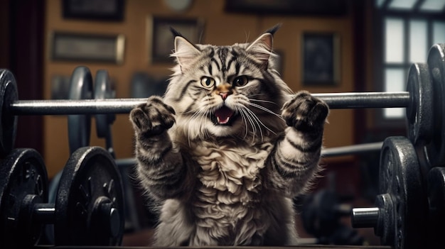 Gatto divertente in palestra in allenamento sport perdita di peso stile di vita sano Il gatto è motivato stimolante incoraggiante urla generato dall'intelligenza artificiale