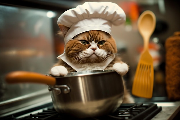 Gatto divertente in un cappello da chef che cucina cibo in cucina IA generativa