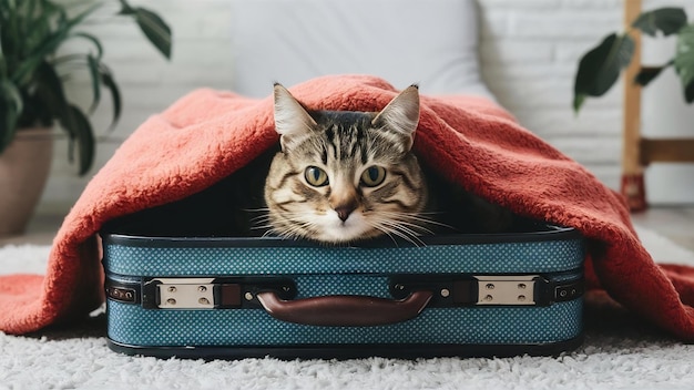 Gatto divertente sotto la coperta sulla valigia