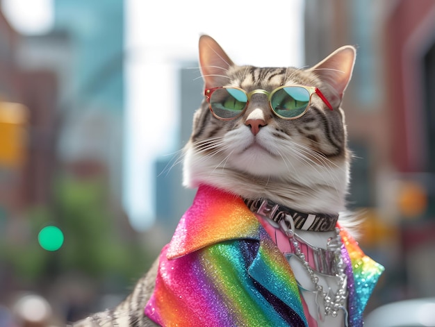 Gatto domestico nella parata dell'orgoglio Concetto di orgoglio LGBTQ generato dall'intelligenza artificiale