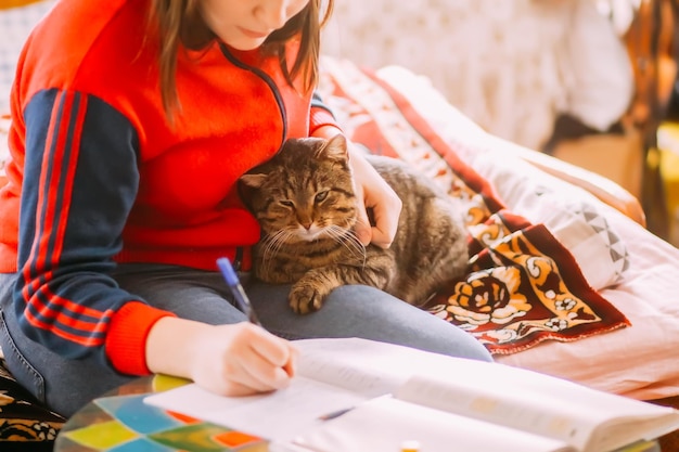 Gatto domestico pigro con un'adolescente a casa