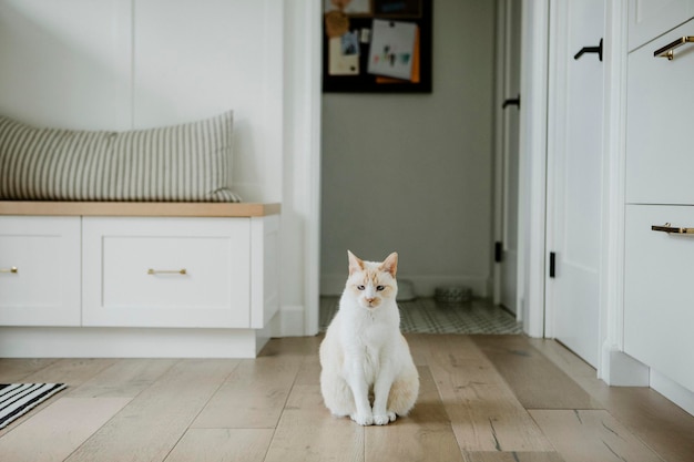 Gatto domestico seduto sul pavimento di legno duro