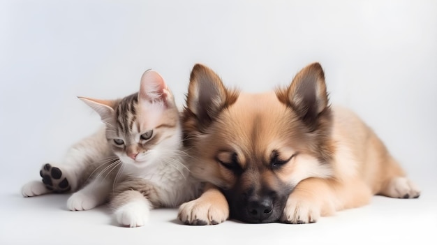 gatto e cane carini che dormono sullo sfondo bianco