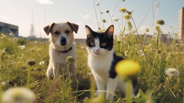 gatto e cane divertente carino cucciolo e gattino sedersi giocare sull'acqua di mare spruzzi d'acqua di mare sulla natura del tramonto